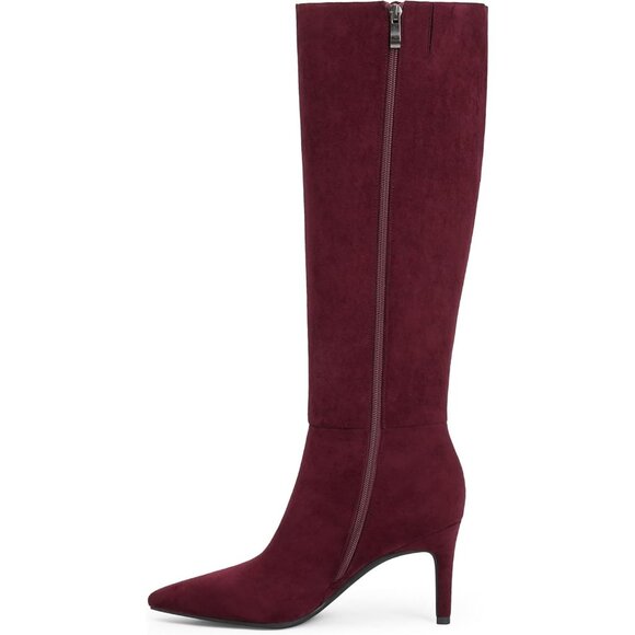 Women Burgundy Suede Faux Leather Pointed Toe Tall Stiletto Zipper Dress Boot - Picture 2 of 8